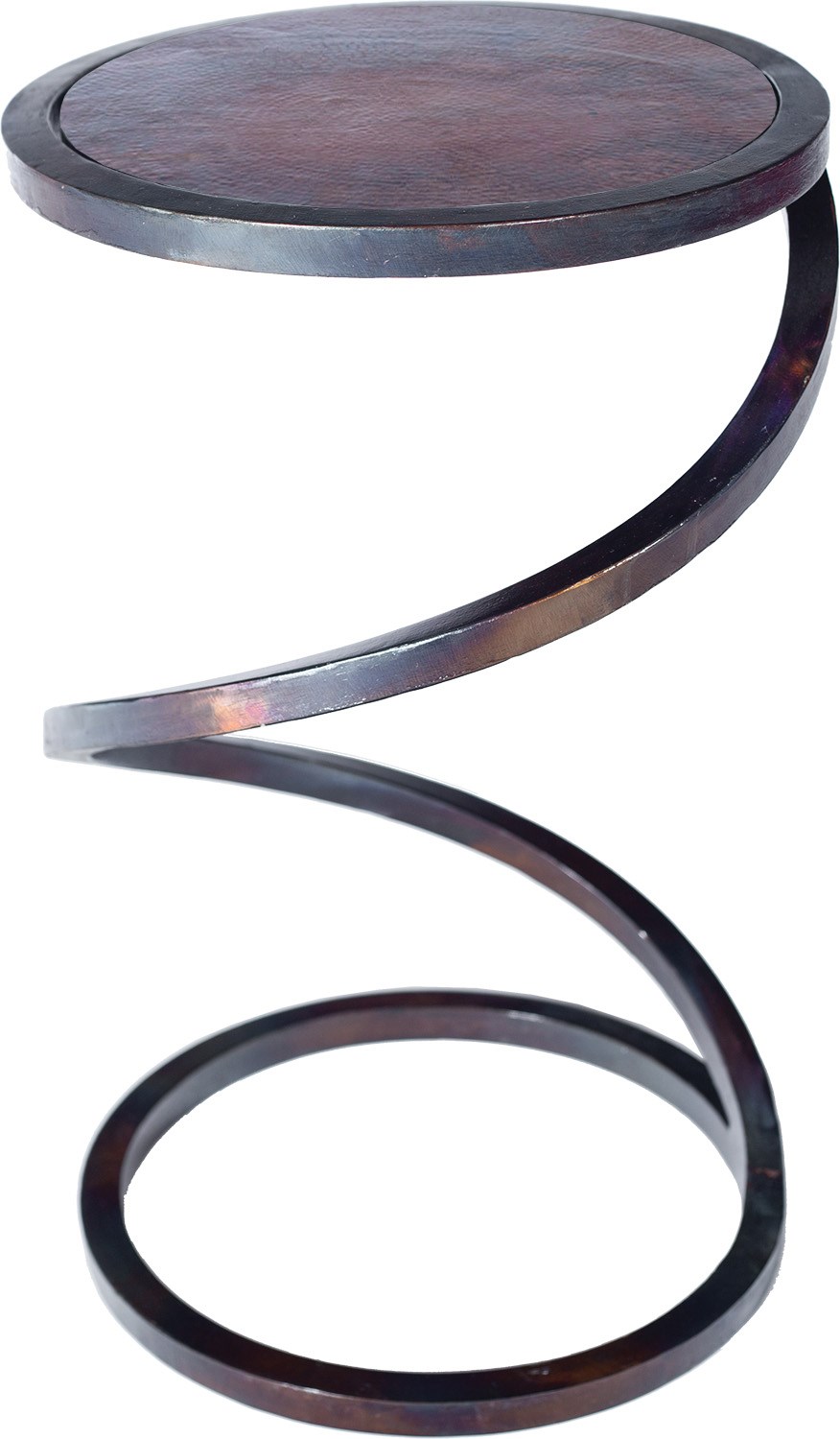 Spiral Round Accent Table With Dark Brown Hammered Copper Top