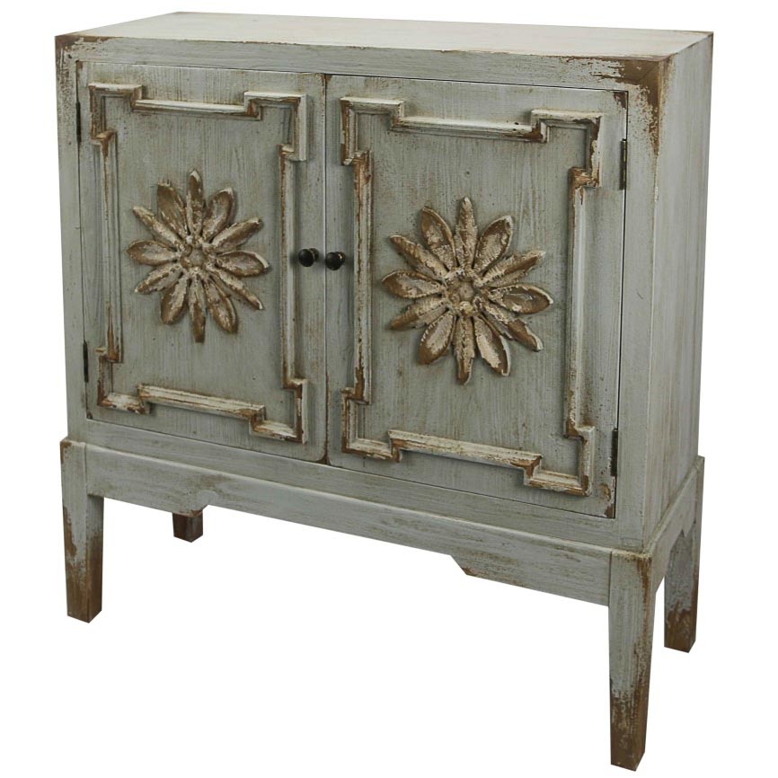 Lourdes Carving Small Cabinet 2 Doors Distressed Teal Boulevard