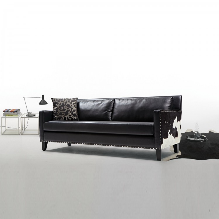 Dallas Sofa In Black Leather And Real Cowhide Side Panels