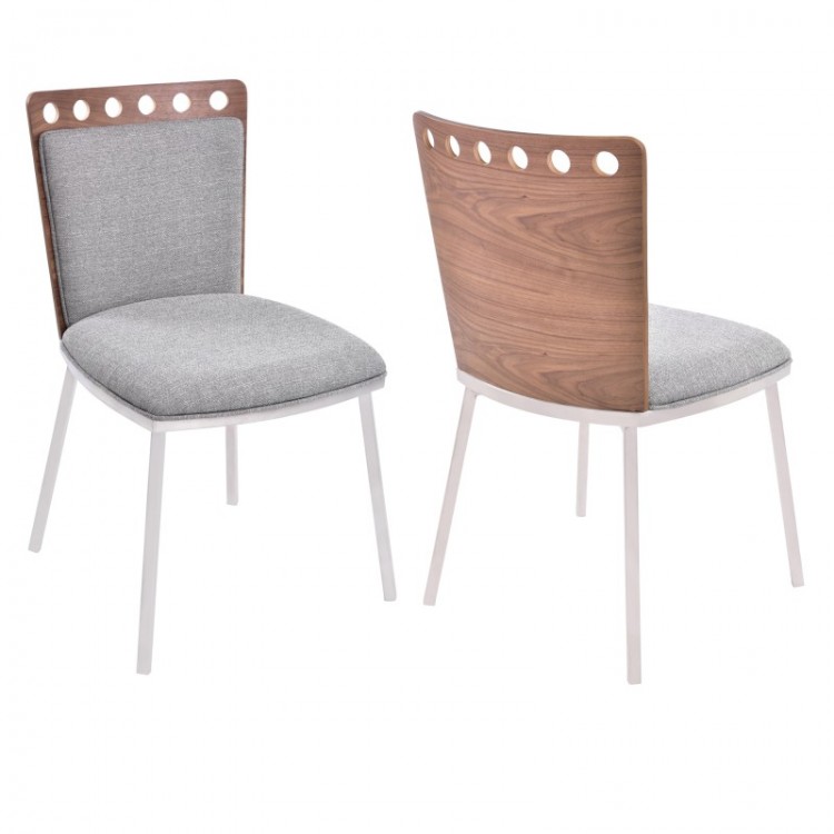 Brooke Dining Chair In Brushed Stainless Steel Finish With Gray Fabric Upholstery And Walnut Back Set Of 2 Boulevard Urban Living