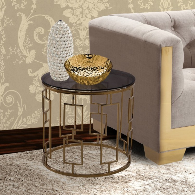 Zinc Contemporary End Table In Shiny Gold With Smoked Glass