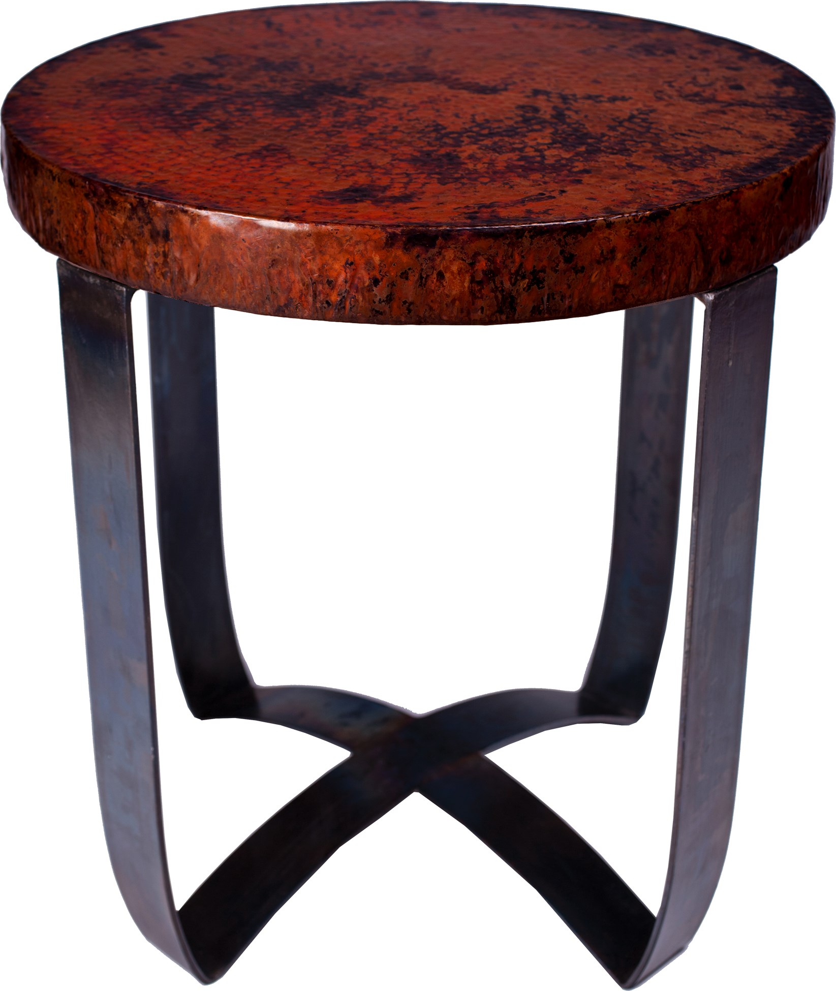 Round Strap End Table With Dark Brown Hammered Copper Top